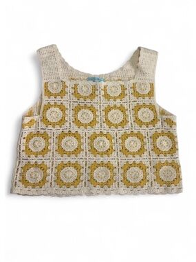 Everglow Crochet Crop Top vintage-inspired white/yellow "granny square" size M